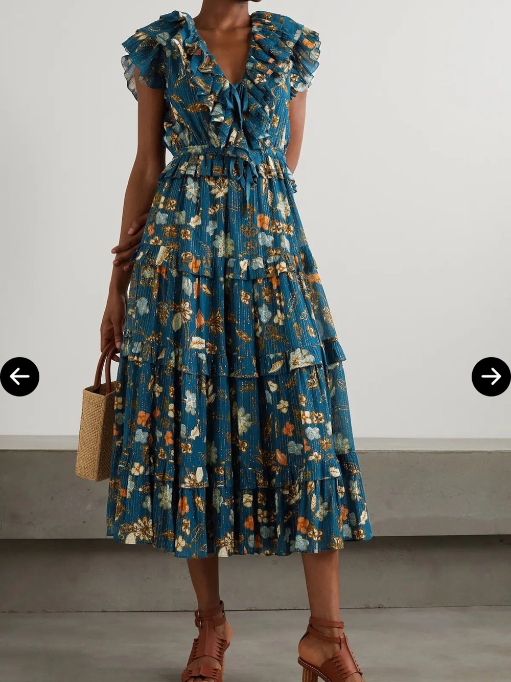 Ulla Johnson Teal Floral Tiered Ruffle Midi Dress